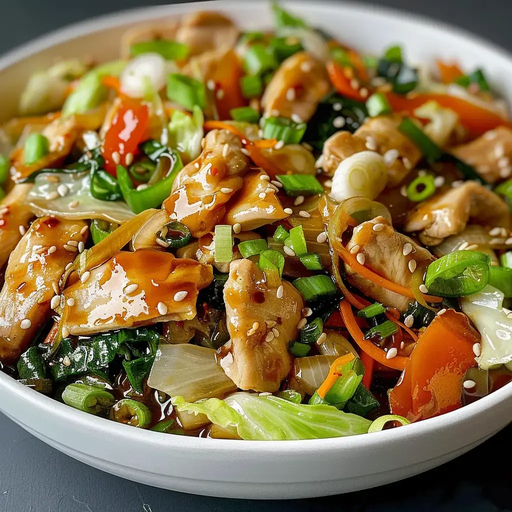 Un plat de poulet sauté aux légumes colorés, garni de sésame et de ciboulette.