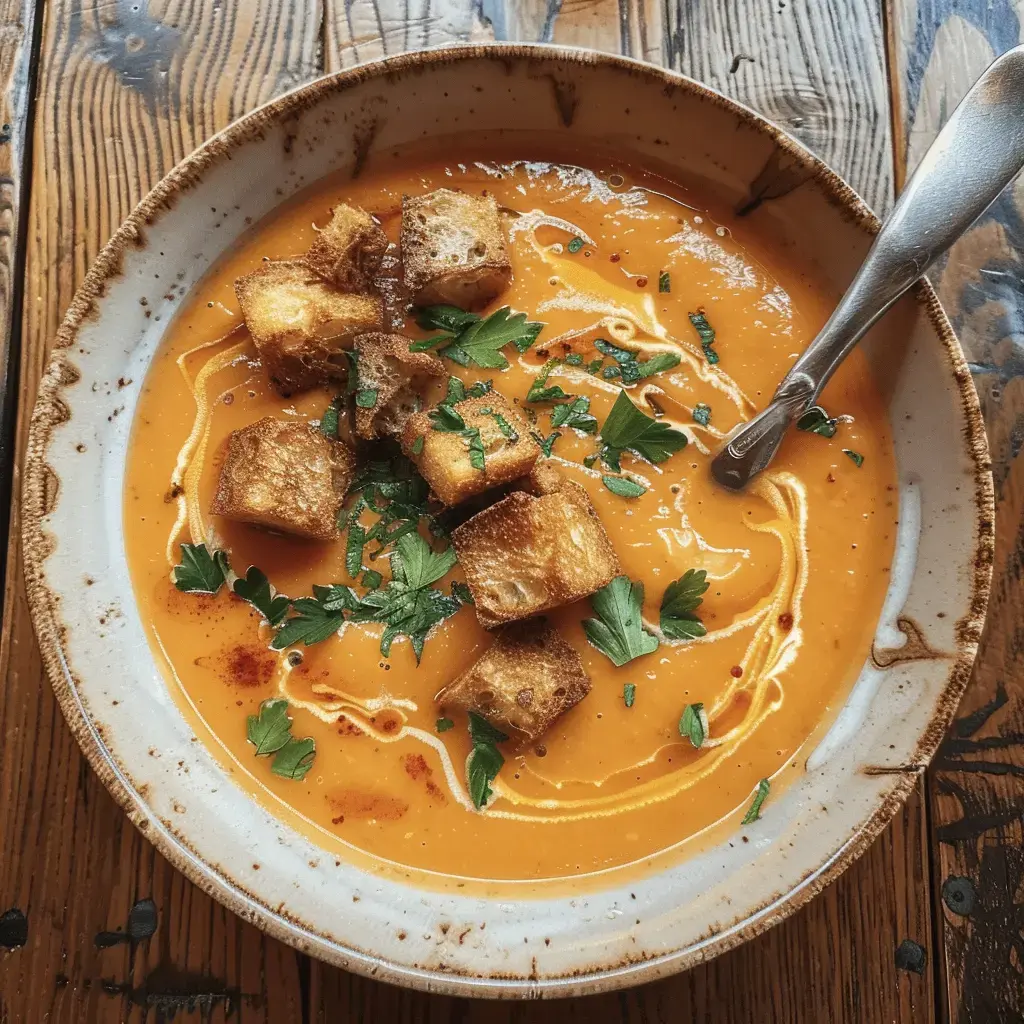 Une soupe à la couleur orange vif garnie de croutons dorés et de persil frais.