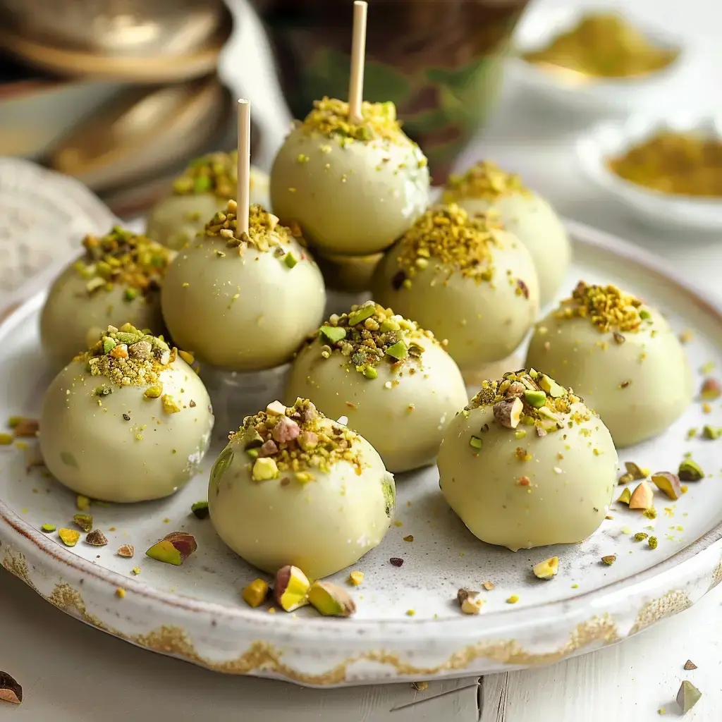 Des boules de dessert enrobées de chocolat blanc et garnies de pistaches concassées sont présentées sur une assiette.