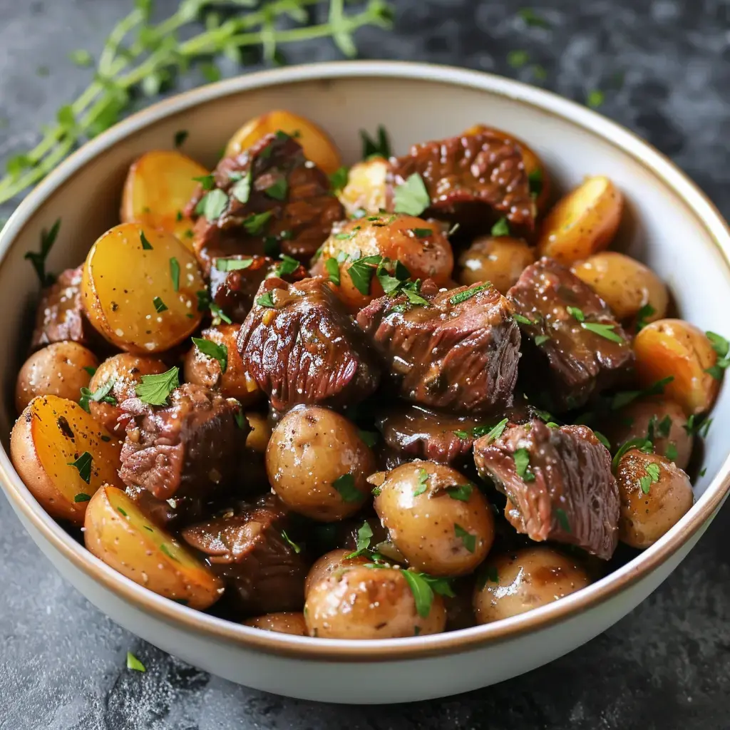 Un plat de viande tendre avec des pommes de terre et garni de persil frais.