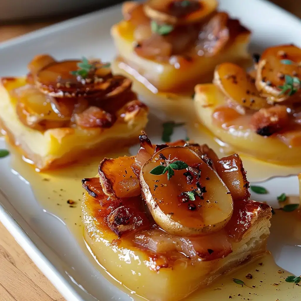 Quatre portions de gratin de pommes de terre garnies d'oignons caramélisés et de thym sur une assiette.