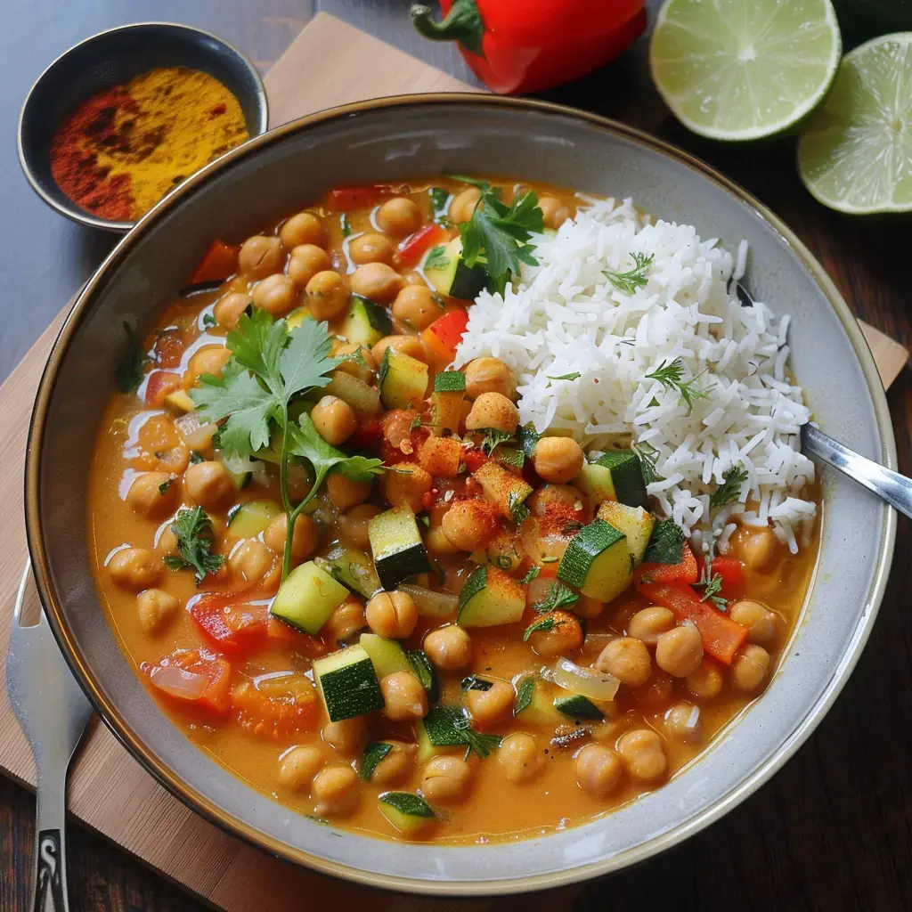 Un bol de curry de pois chiches aux légumes, servi avec du riz blanc et des quartiers de citron vert, accompagné d'épices.