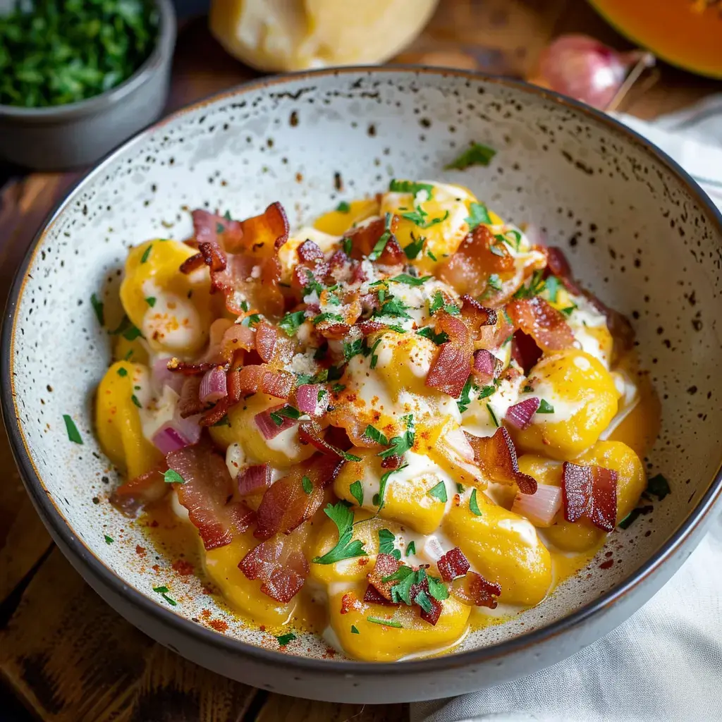 Un bol de gnocchis nappés d'une sauce crémeuse, garnis de morceaux de bacon croustillant, de persil et d'oignons rouges.