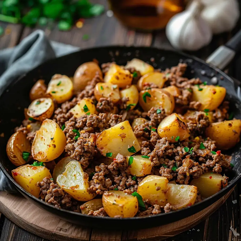 Un plat de pommes de terre dorées et de viande hachée assaisonnée, garni de persil frais, dans une poêle.