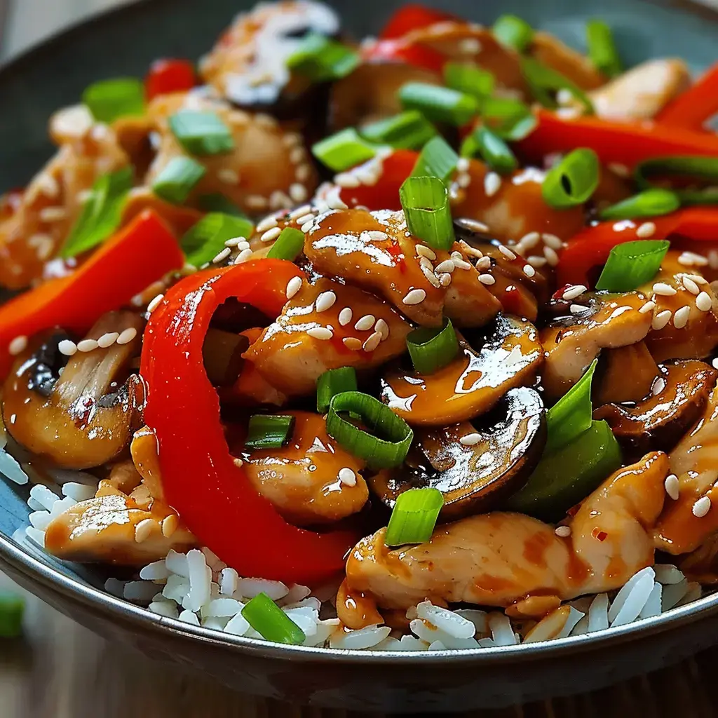 Un plat de poulet sauté aux légumes colorés et sauce, garni de sésame et d'oignons verts, servi sur un lit de riz blanc.