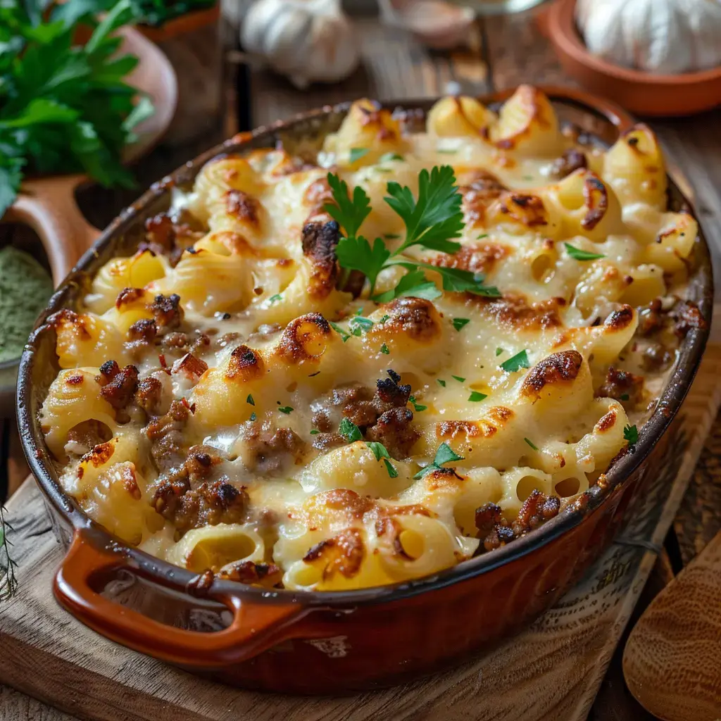 Un plat de pâtes gratinées avec de la viande hachée et du fromage, garni de persil frais.