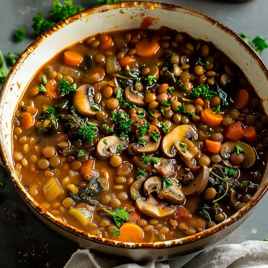 Un bol de soupe de lentilles avec des carottes, des champignons et des épinards, garni de persil frais.