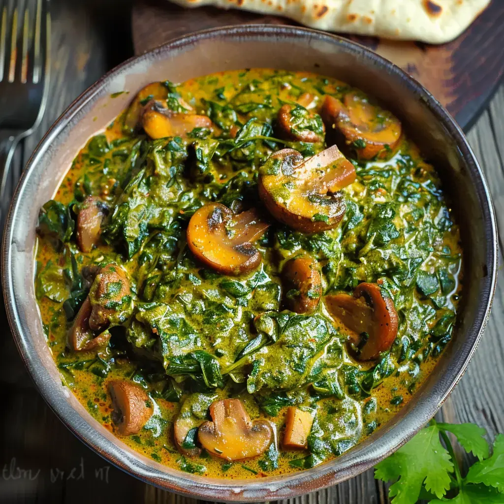 Un bol de curry d'épinards et de champignons, servi avec un naan en arrière-plan.