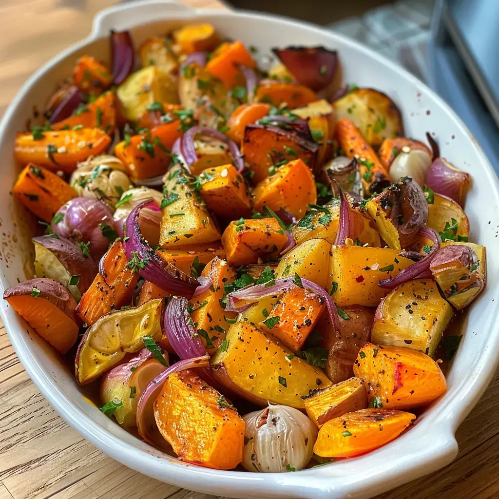 Un plat de légumes rôtis colorés, comprenant des carottes, des oignons et des courges, garnis de persil et assaisonnés de poivre.