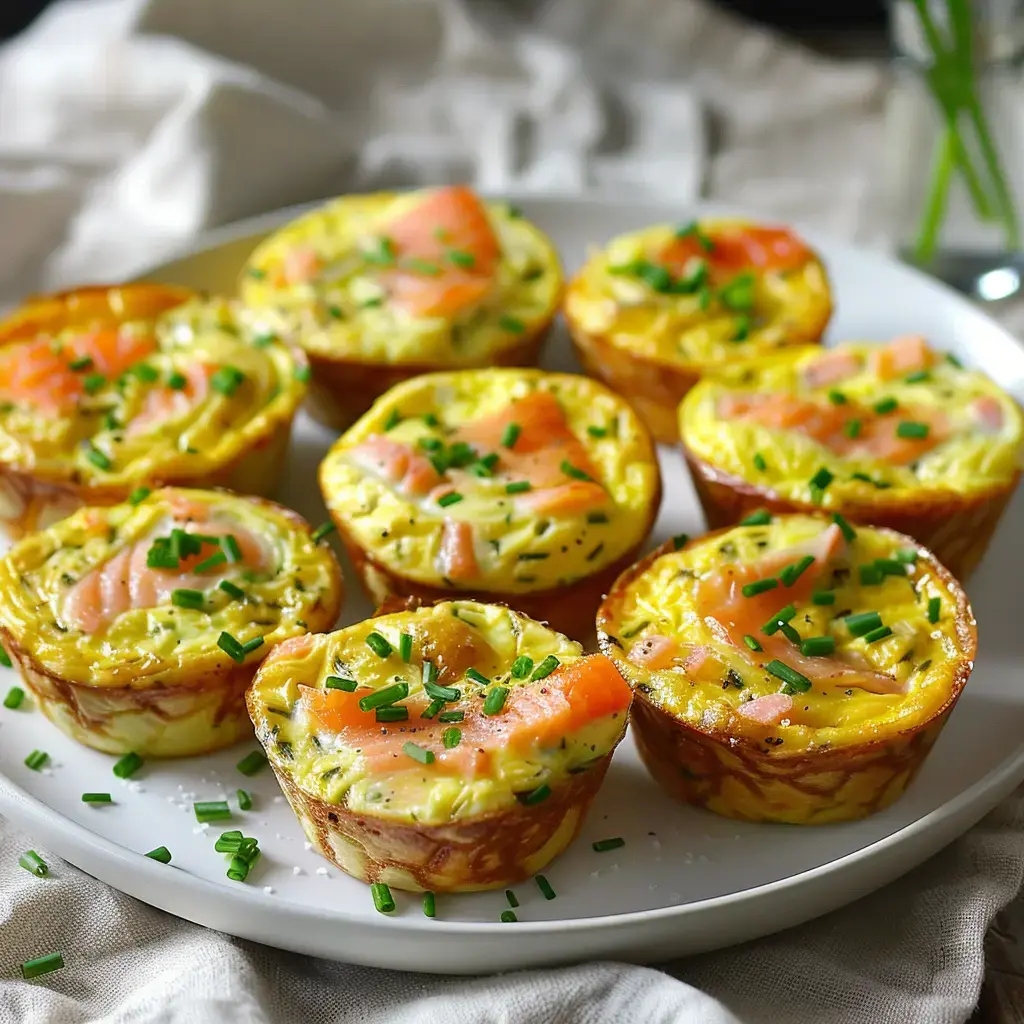 Des mini-quiches aux œufs garnies de saumon fumé et d'herbes, présentées sur une assiette blanche.