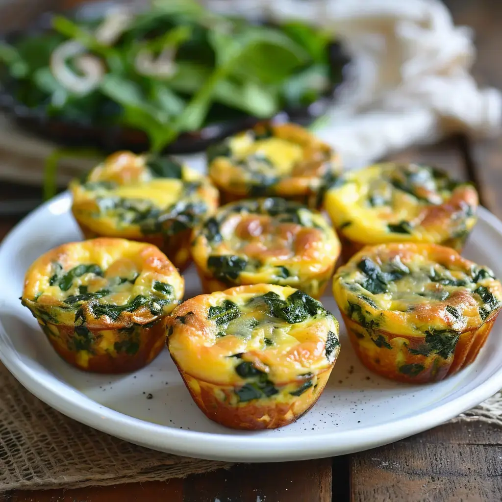 Des muffins aux épinards, dorés et moelleux, servent de plat principal, avec une salade verte en arrière-plan.