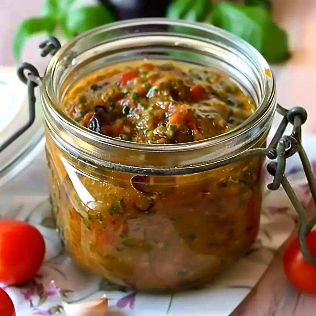 Un pot en verre rempli d'une sauce épicée à base de légumes, accompagné de tomates cerises sur un fond fleuri.