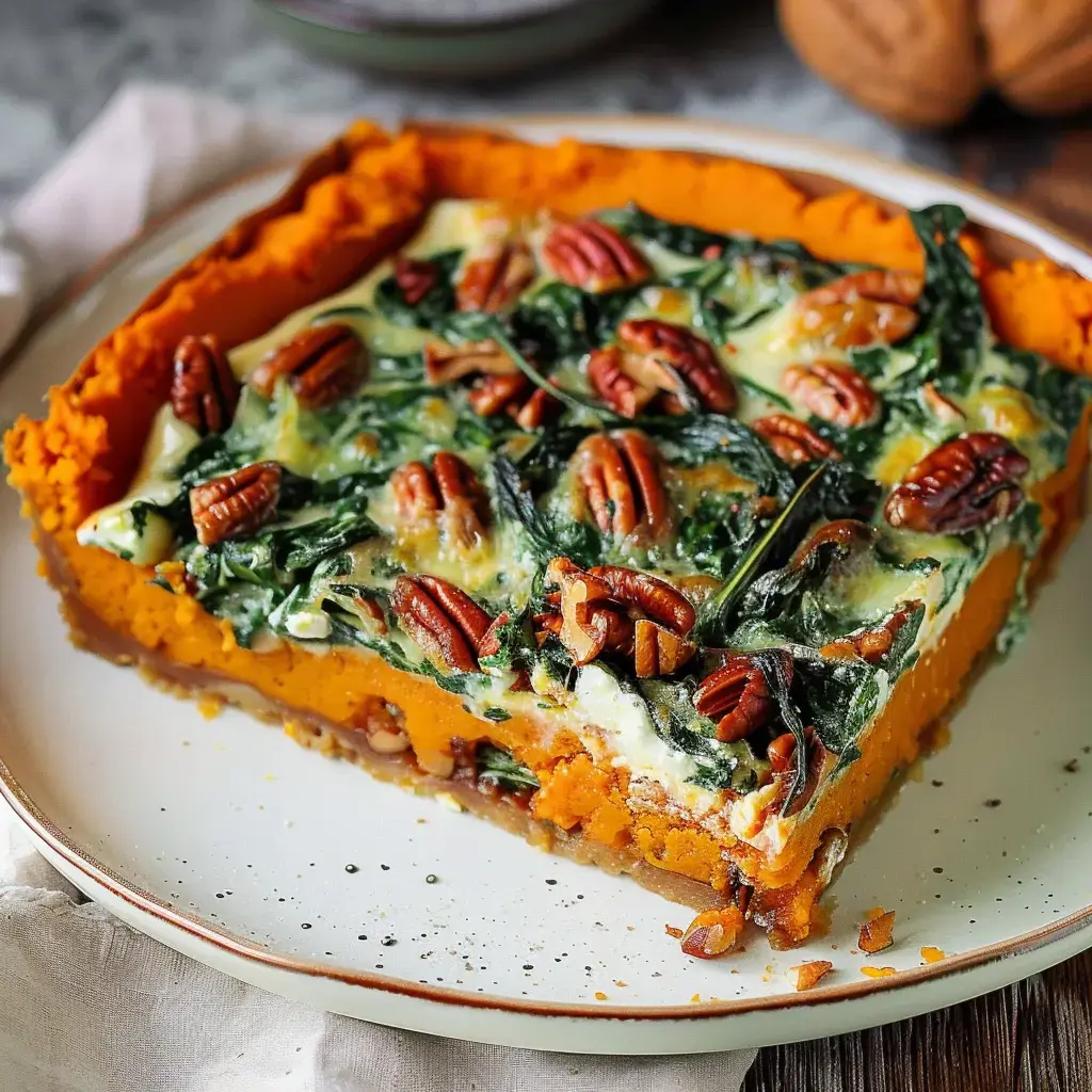 Tarte de patates douces garnie d'épinards et de noix de pécan.