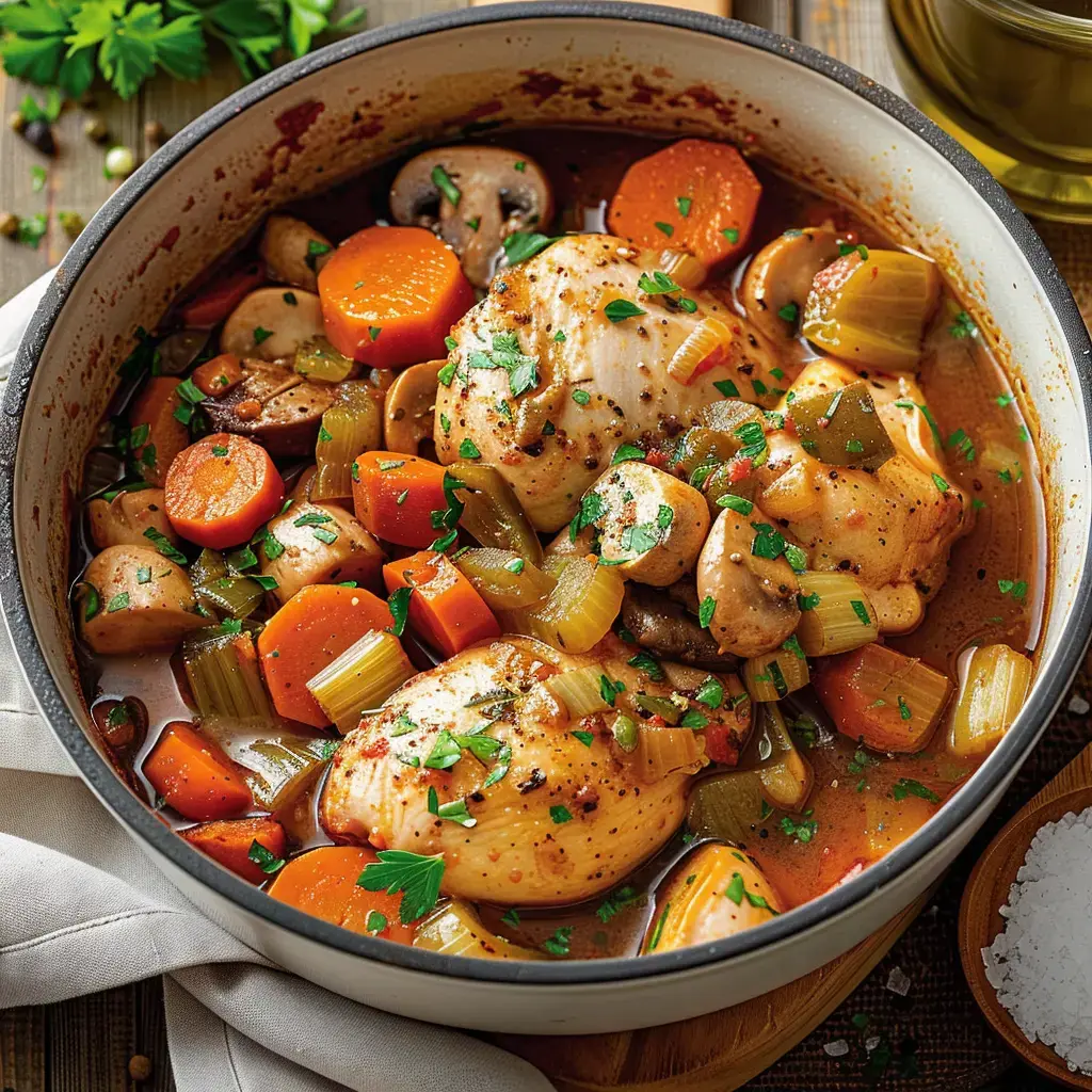 Un plat de poulet mijoté aux carottes, champignons et céleri, garni de persil frais.