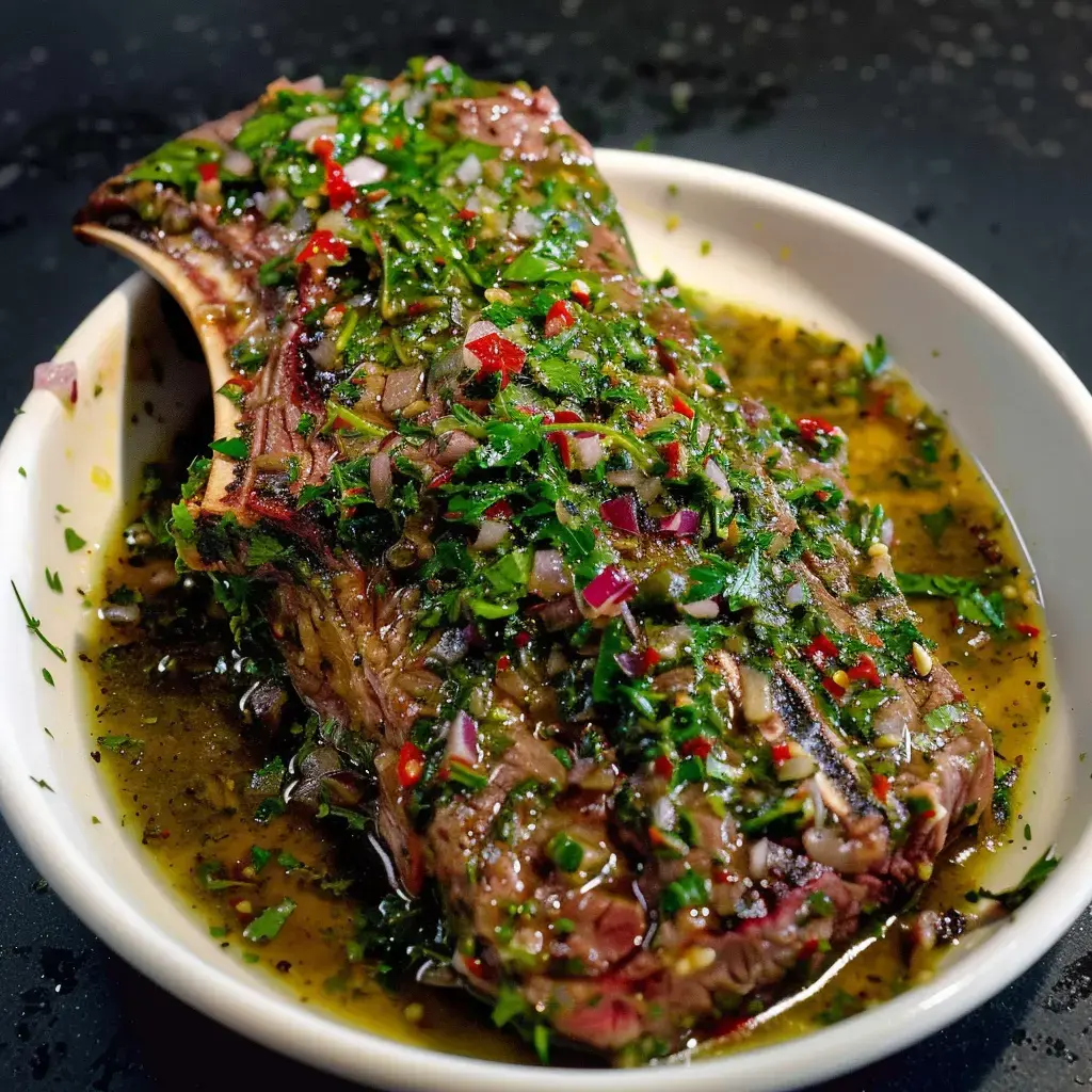 Un morceau de viande mariné, recouvert d'herbes et d'épices, repose dans un plat peu profond.