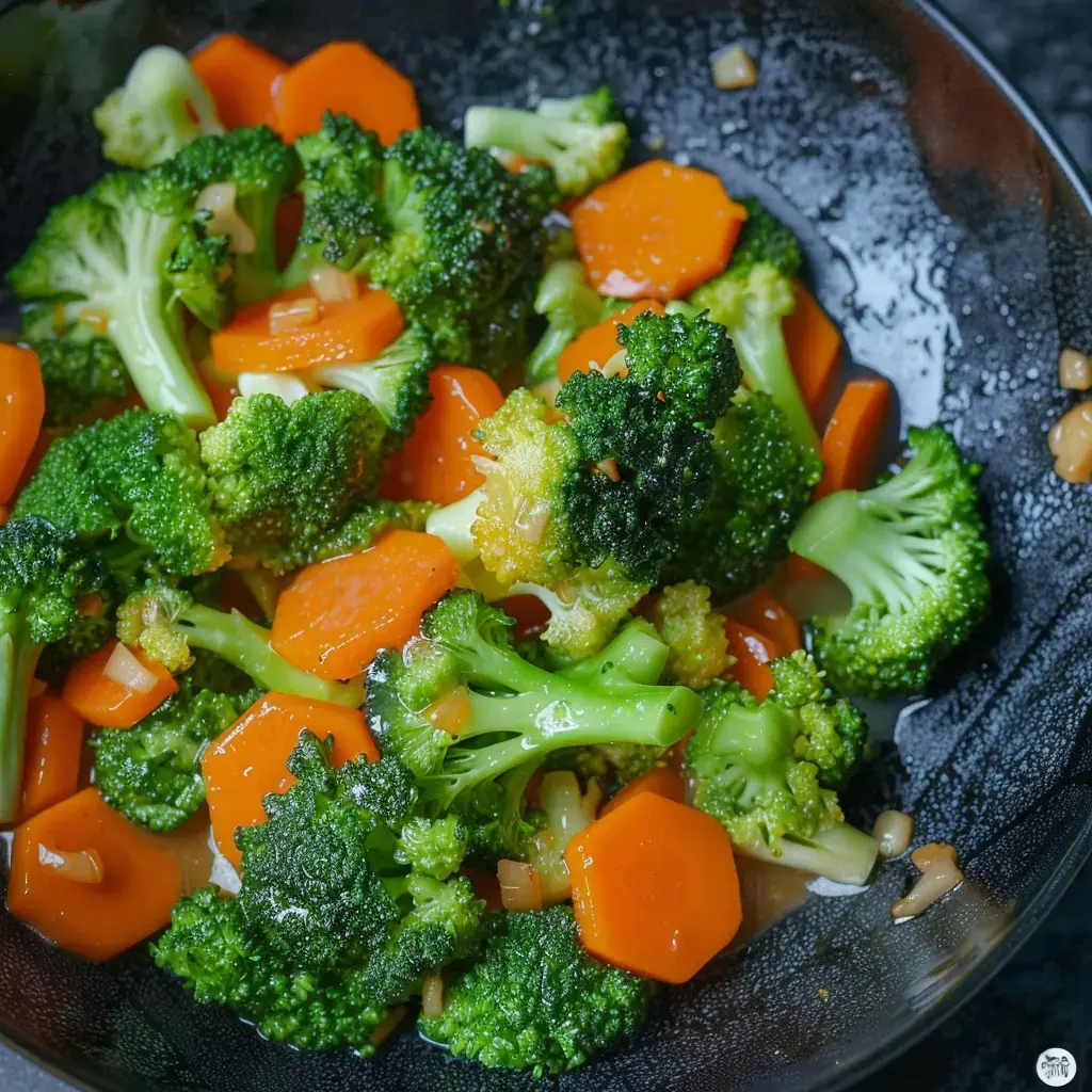 L'image montre un plat de brocoli et de carottes coupées, assaisonné et servi dans un bol noir.