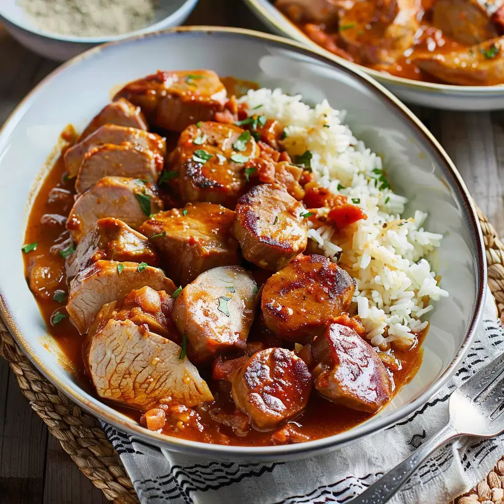 Un plat de viande de porc en sauce accompagné de riz et garni de persil.