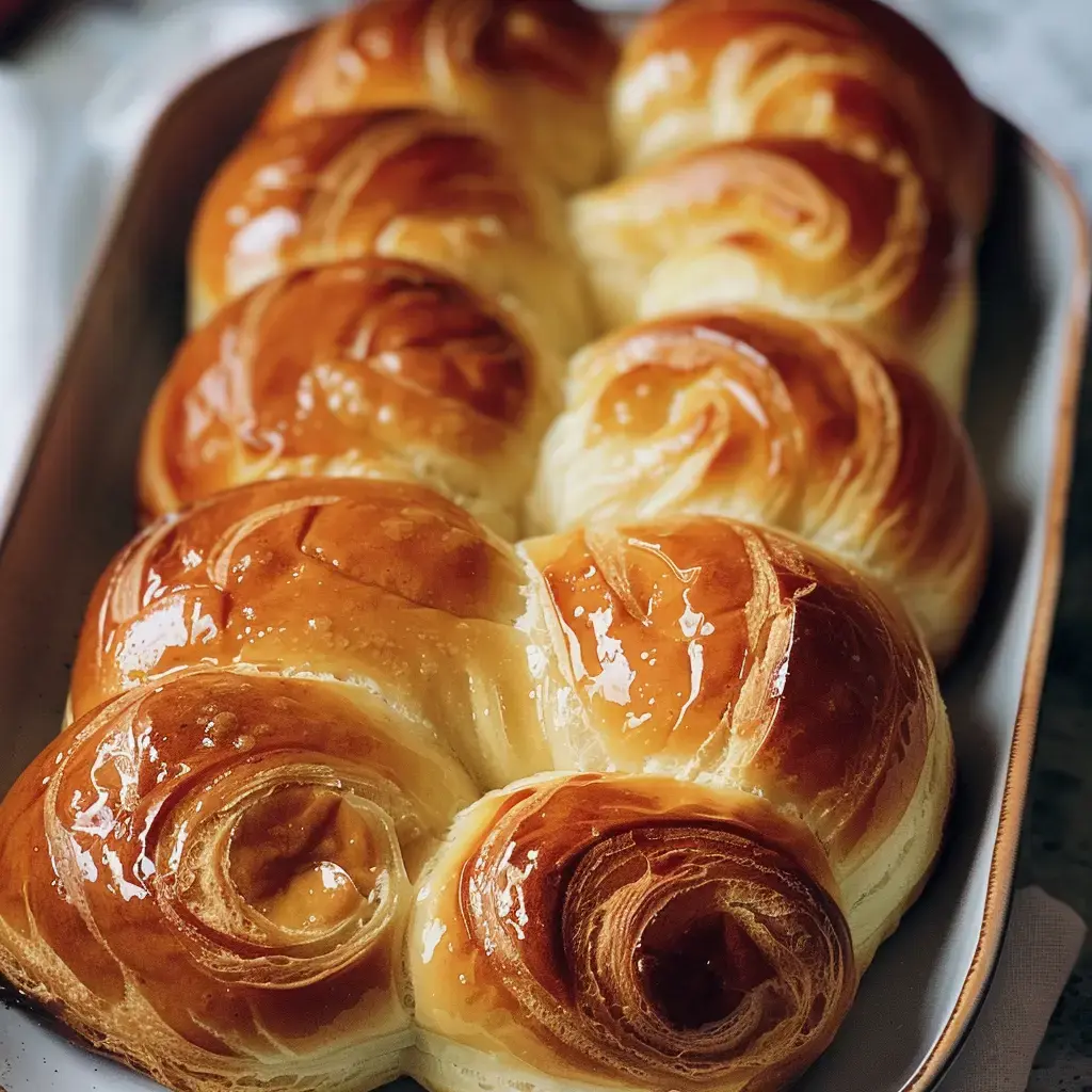 Une délicieuse brioche dorée et moelleuse est présentée dans un plat.