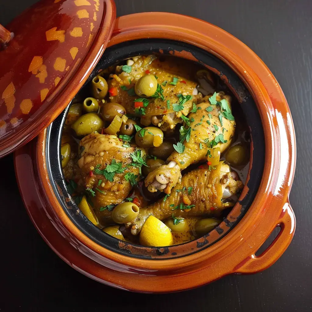 Un plat de poulet mijoté aux olives et au citron, garni de coriandre, dans un plat en terre cuite.