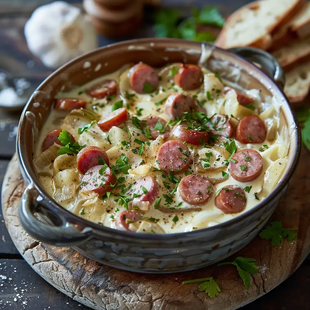 Un plat crémeux avec des saucisses, des oignons et des herbes fraîches, servi dans un plat en terre cuite.