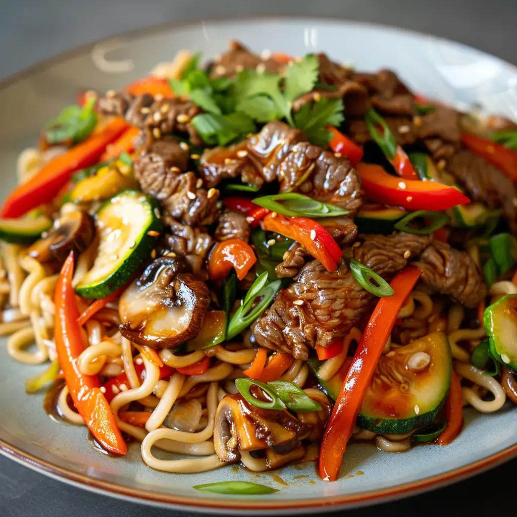 Un plat de nouilles accompagné de viande de boeuf, de légumes colorés et de sauce, garni de coriandre et d'oignons verts.