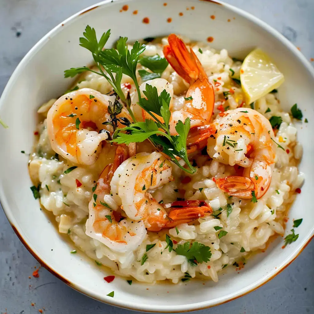 Un plat de risotto crémeux garni de crevettes sautées et de persil frais.