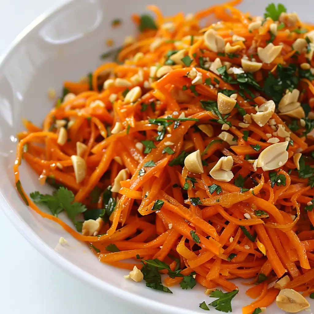 Une salade de carottes râpées garnie de cacahuètes et de coriandre dans un bol blanc.