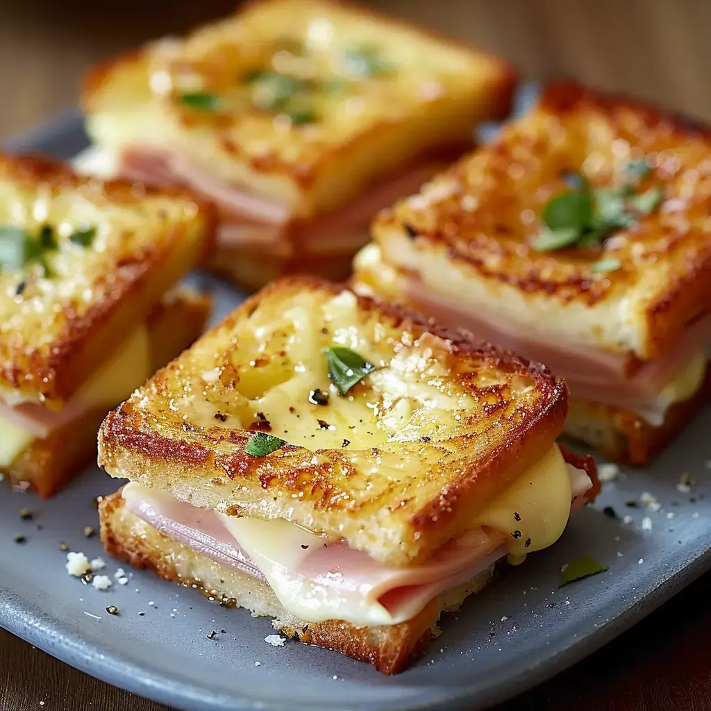 Quatre sandwichs dorés au pain grillé avec du fromage fondant et du jambon, garnis de persil, présentés sur une assiette.