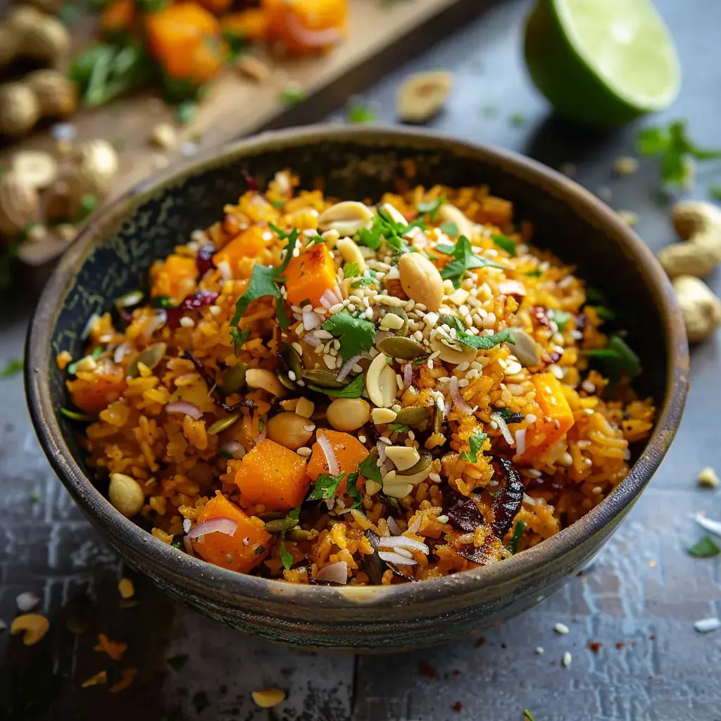 Bol de riz coloré garni de morceaux de courge, de noix, de graines et de coriandre, avec un quartier de lime à côté.