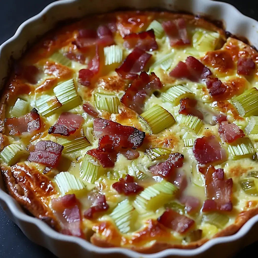 Une quiche dorée garnie de lardons et de morceaux de céleri.