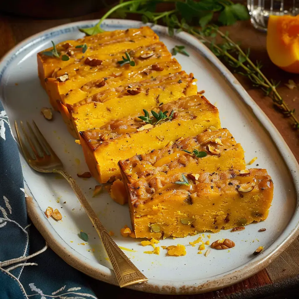 Un plat de dessert à base de courge, coupé en tranches et garni de noix et de thym, est présenté sur une assiette.