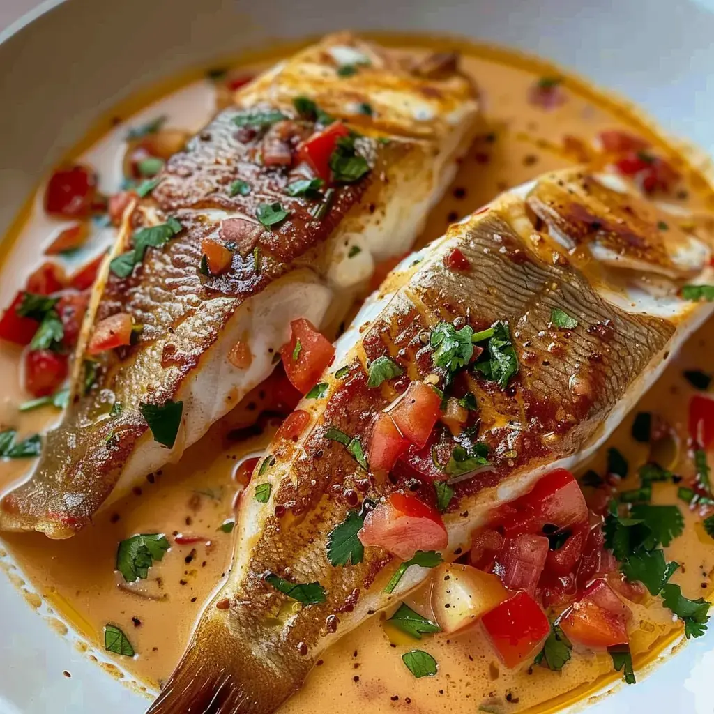 Deux filets de poisson grillés garnis de tomates fraîches et de coriandre dans une sauce aromatique.