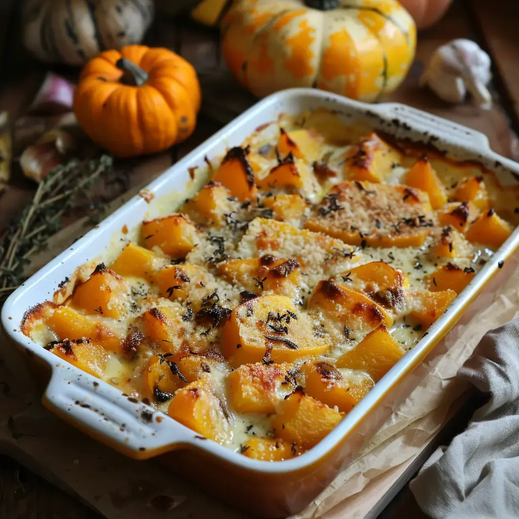 Un plat de courge rôtie recouvert de fromage doré, accompagné de petites citrouilles et d'herbes aromatiques.