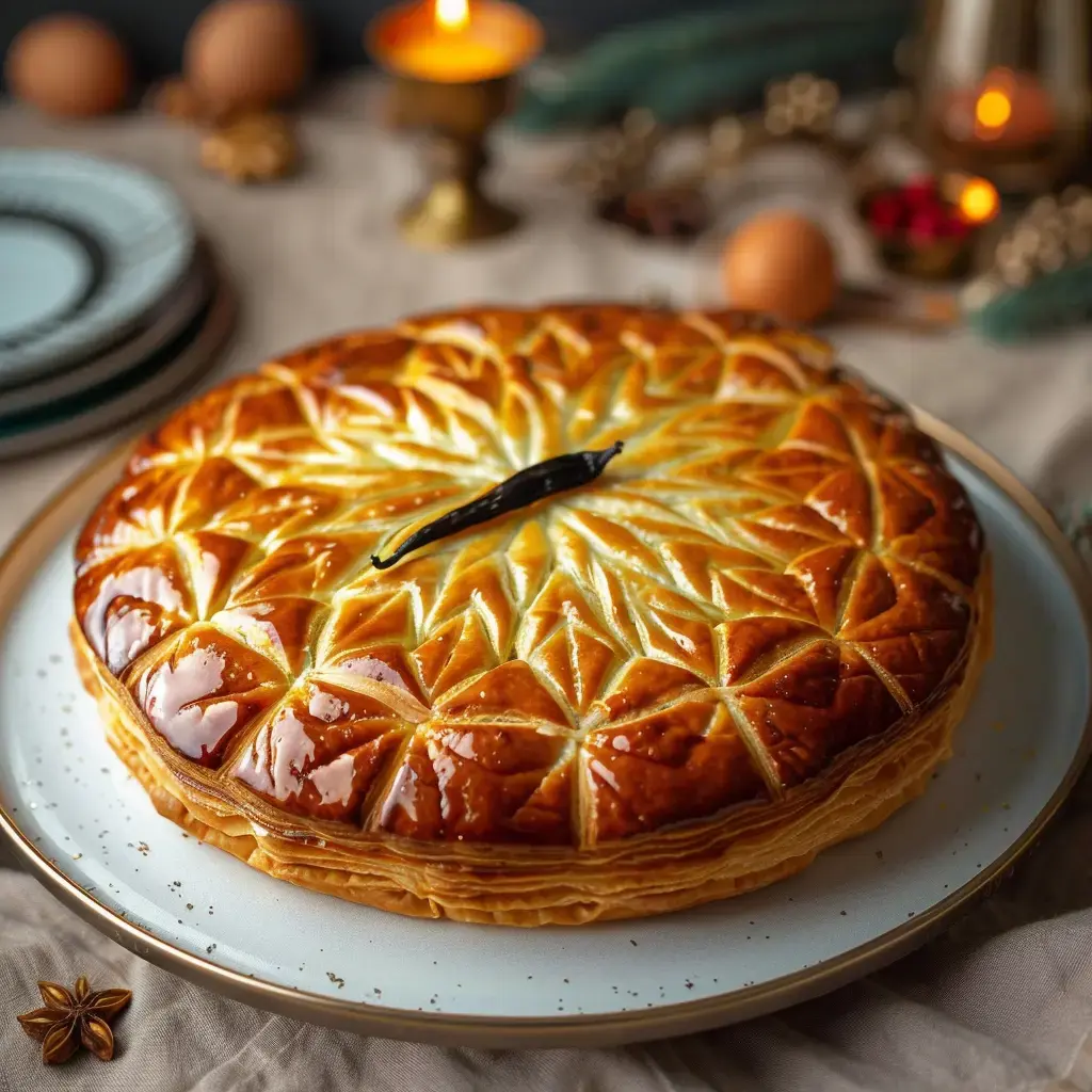 Une galette des rois dorée et décorée d'une belle motif en étoile, avec une gousse de vanille au centre, entourée d'éléments festifs.