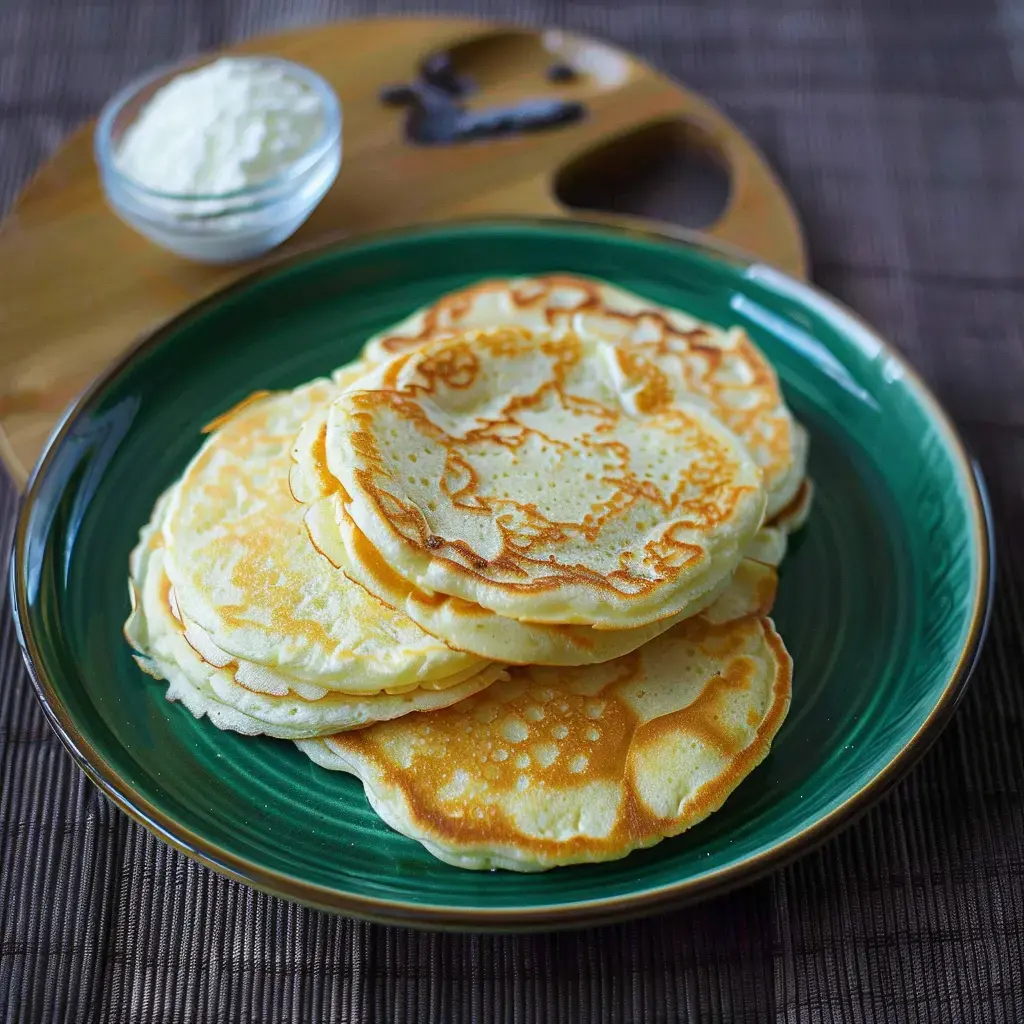 Des crêpes dorées sont empilées sur une assiette verte, accompagnées d'un bol de crème au lait en arrière-plan.