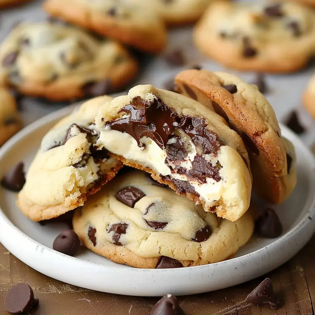 Des cookies aux pépites de chocolat avec un cœur crémeux, présentés sur une assiette.