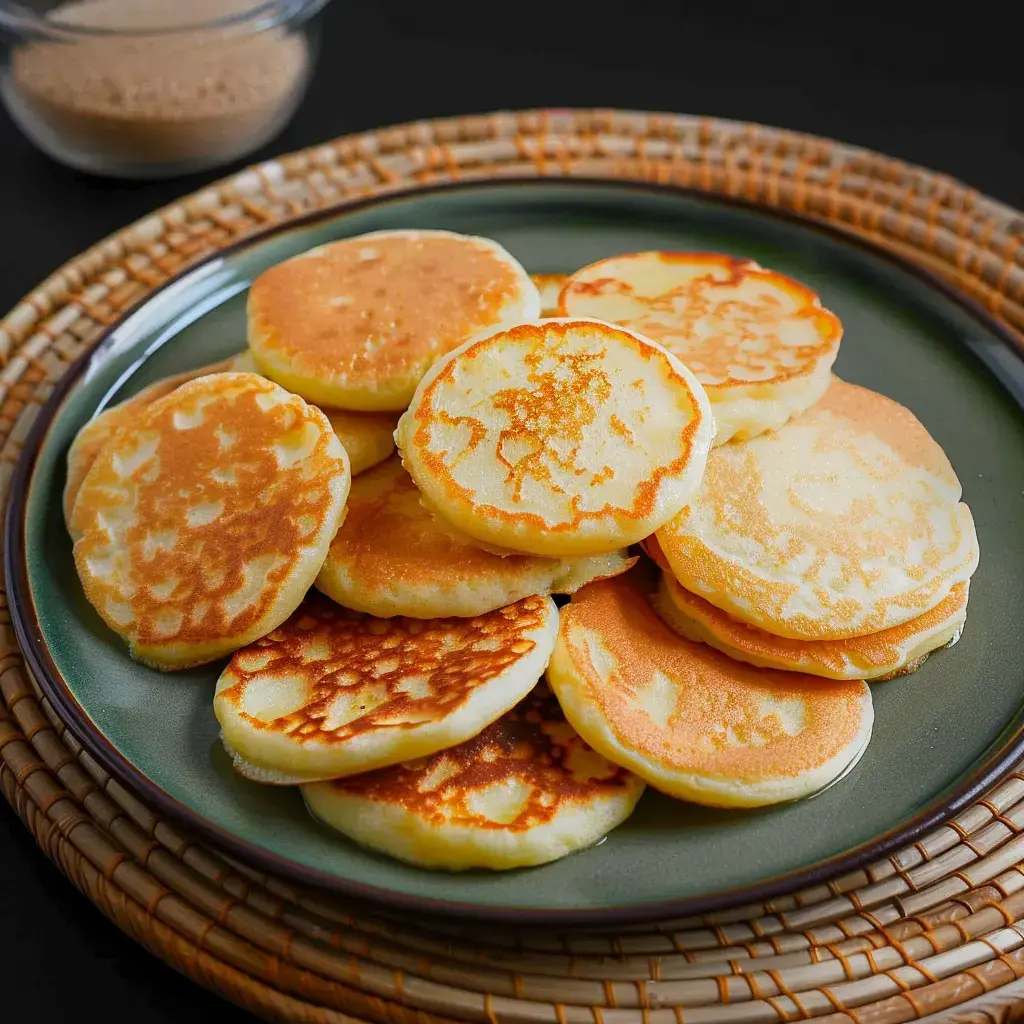 Une assiette de crêpes empilées, dorées et moelleuses, avec un petit bol de sauce en arrière-plan.