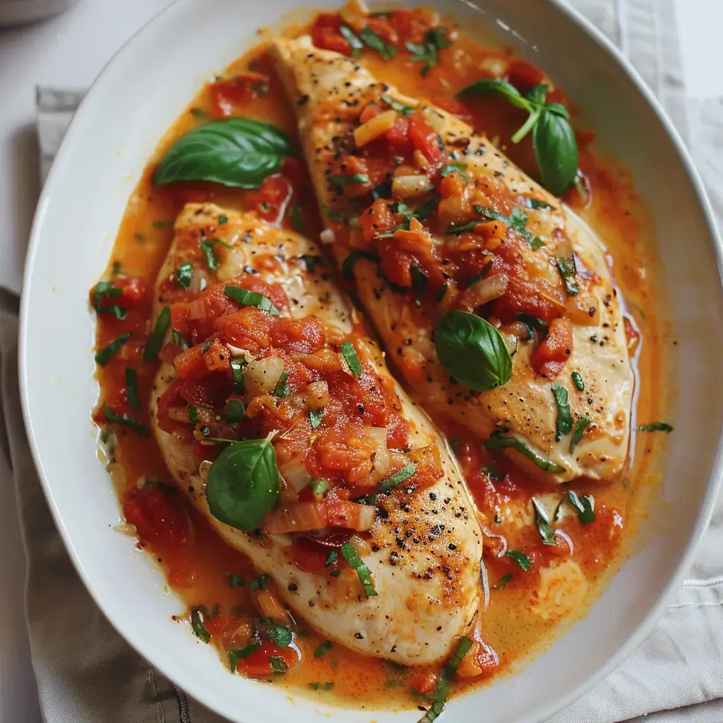 Deux filets de poisson garnis de sauce tomates, oignons, et herbes fraîches, servis dans un plat bleu.