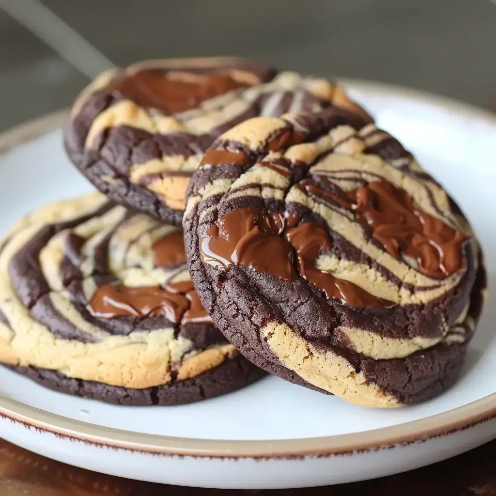 Des cookies marbrés au chocolat disposés sur une assiette.