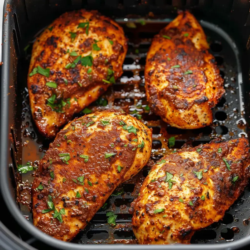 Quatre filets de poulet marinés et cuits, garnis de coriandre, dans un panier de cuisson.