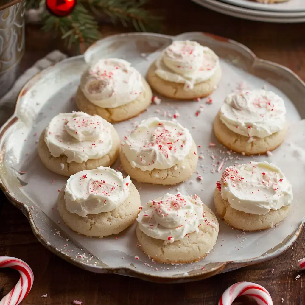 Des biscuits ronds décorés de glaçage blanc et de morceaux de canne de Noël sont présentés sur un plateau en argent.