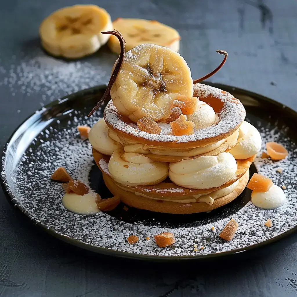 Un gâteau empilé avec des couches de crème, des tranches de banane, et des morceaux de fruits sur un plat noir, saupoudré de sucre glace.