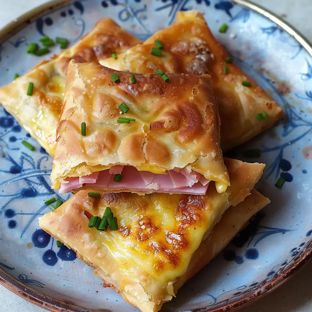 Des feuilletés dorés garnis de fromage et de jambon, parsemés de ciboulette, sont présentés sur une assiette décorative.