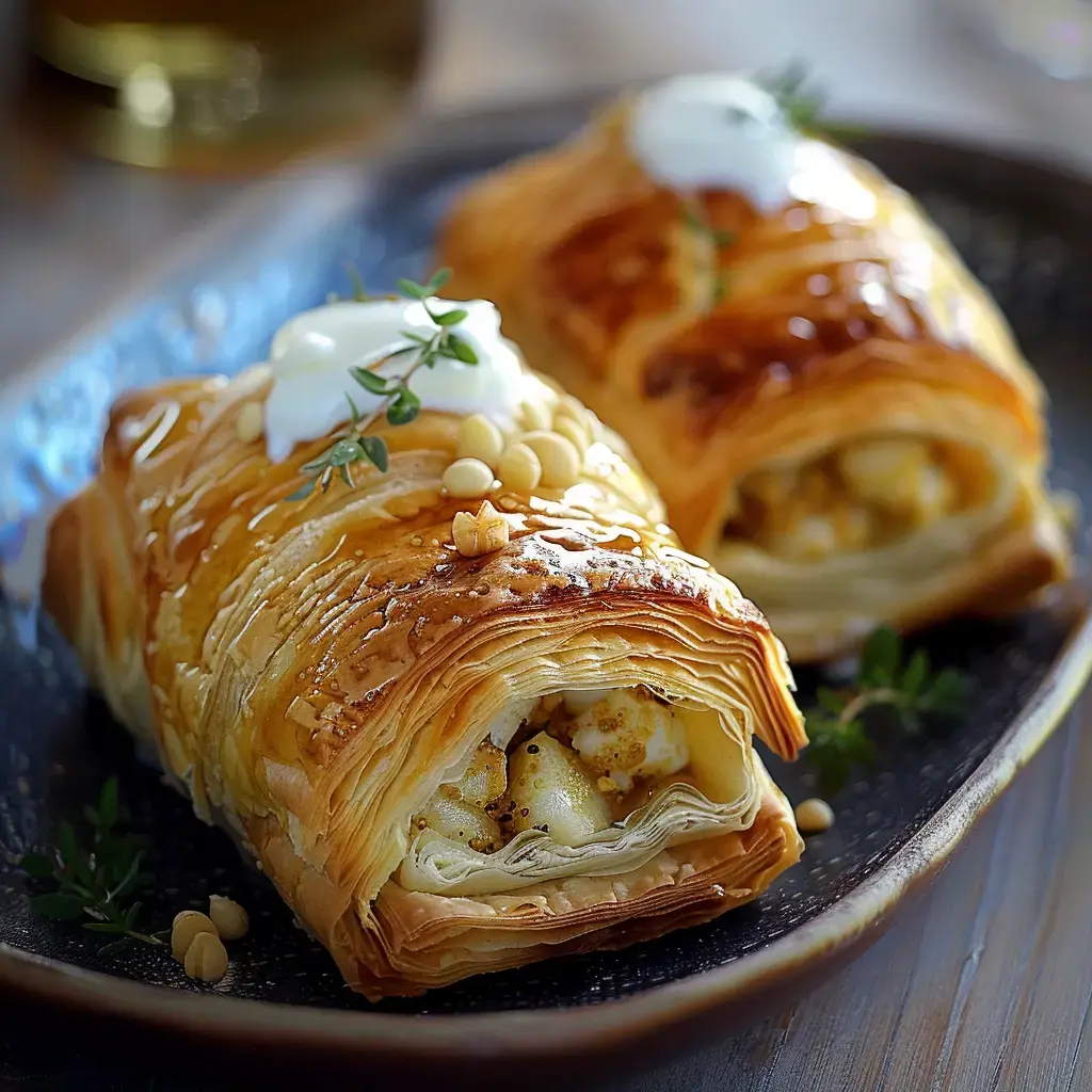 Deux pâtisseries feuilletées dorées, garnies de mélange de pommes et de fromage, sur une assiette, décorées de crème et de pignons.