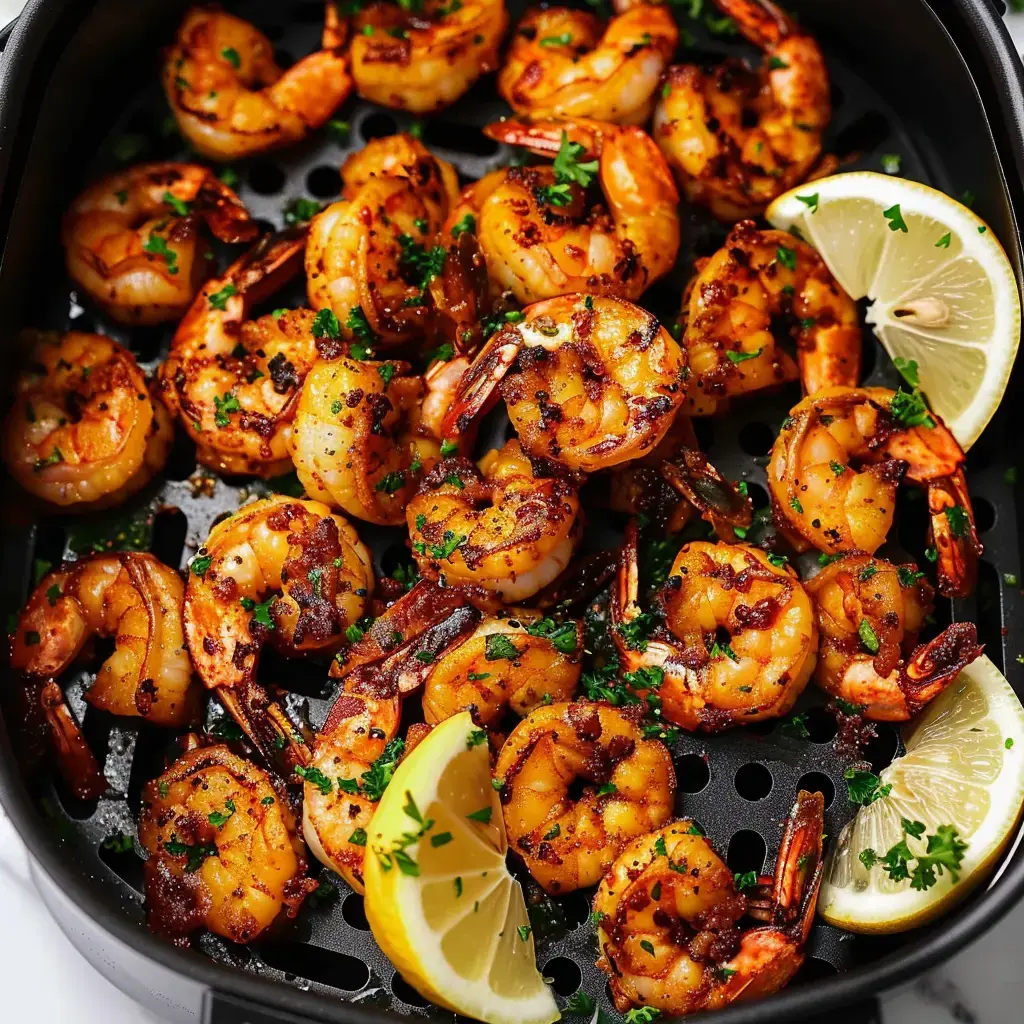 Des crevettes grillées dorées et garnies de persil, accompagnées de quartiers de citron, présentées dans un air fryer.