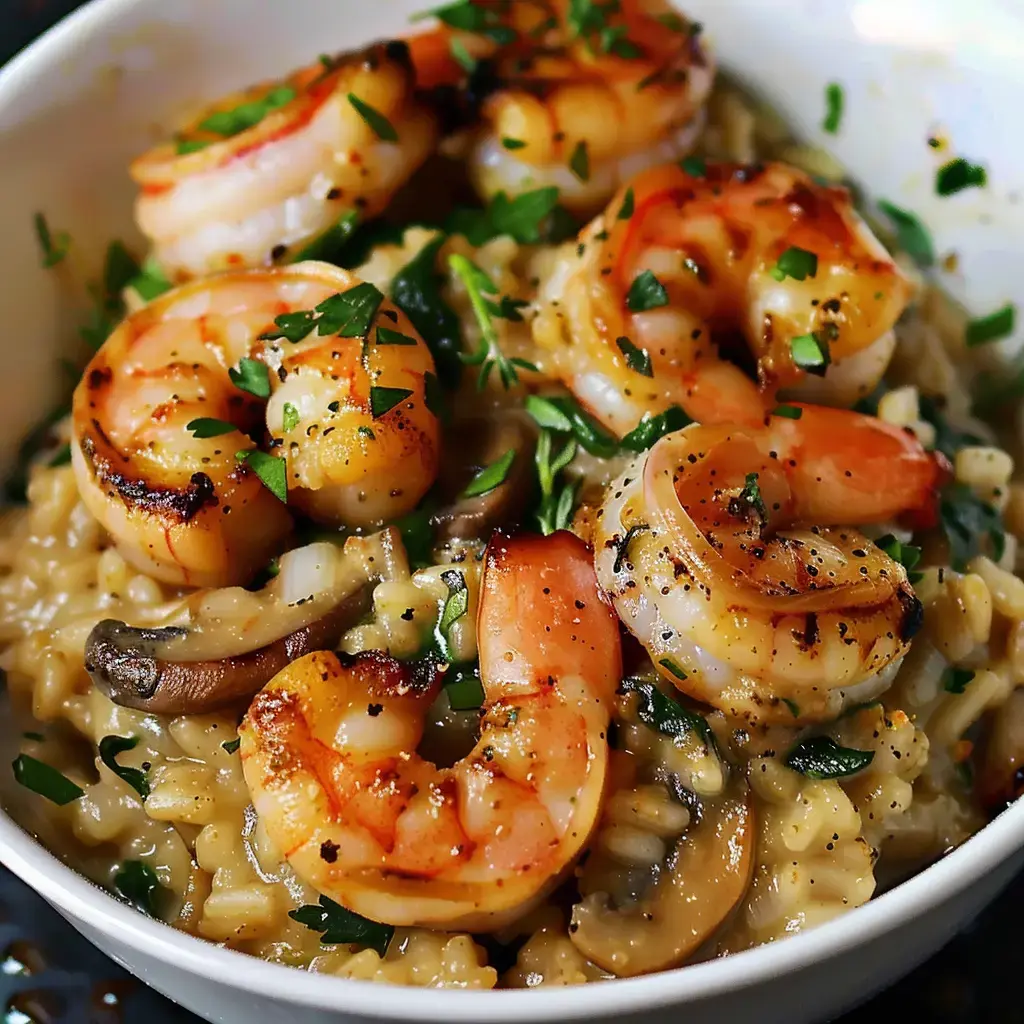 Un bol de risotto crémeux garni de crevettes grillées et de champignons, parsemé de persil frais.