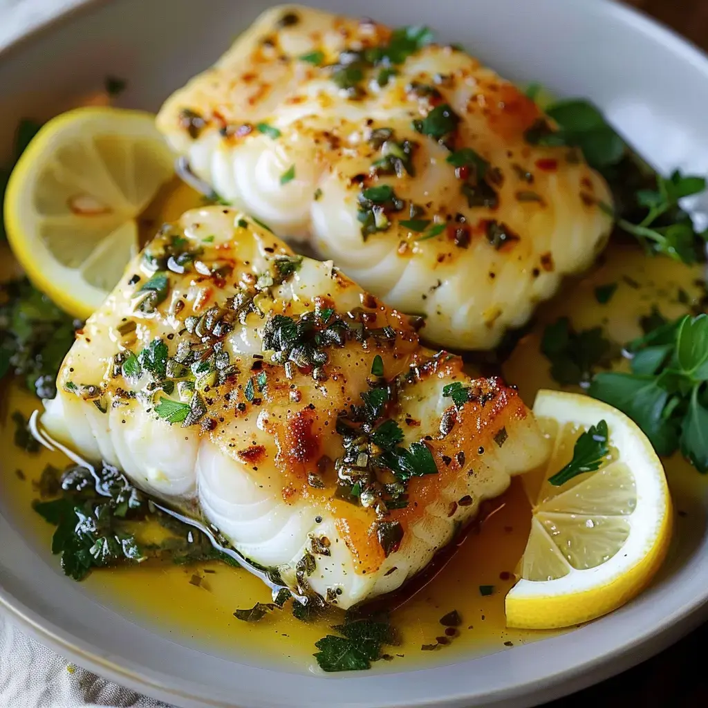 Deux morceaux de poisson grillé, garnis de fines herbes, servis avec des quartiers de citron sur une assiette.