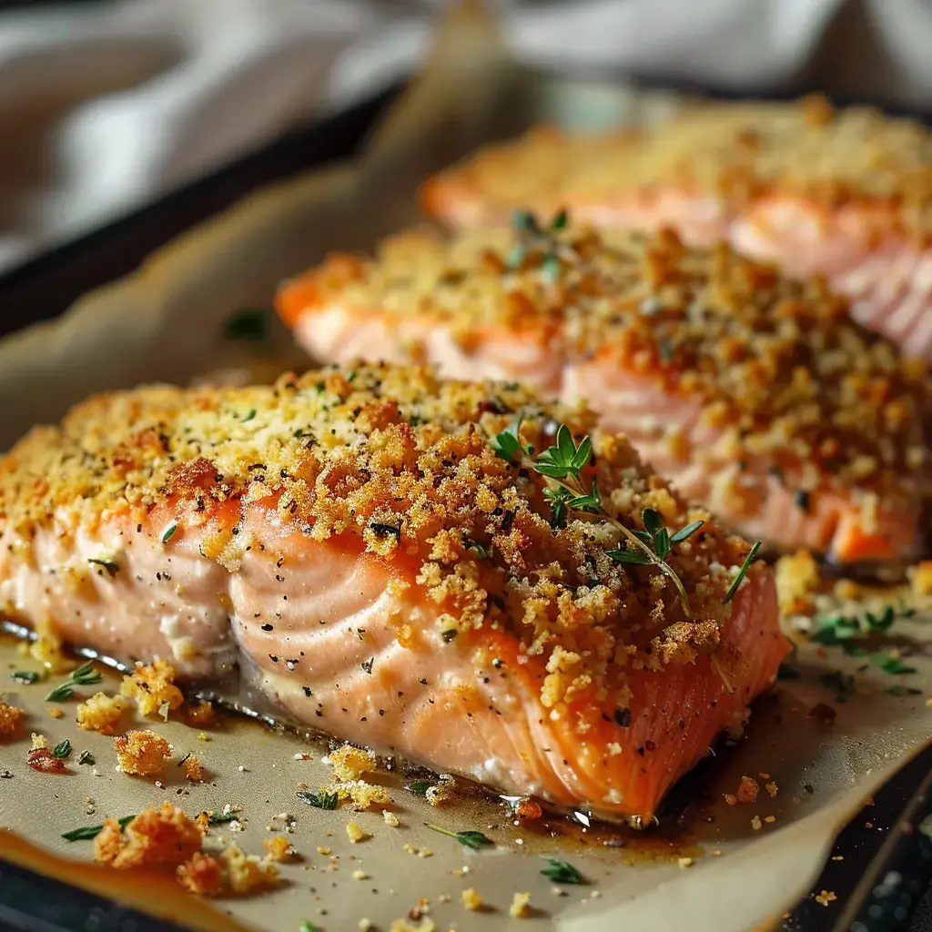 Filets de saumon croustillants garnis de chapelure, cuits au four et servis avec des herbes fraîches.