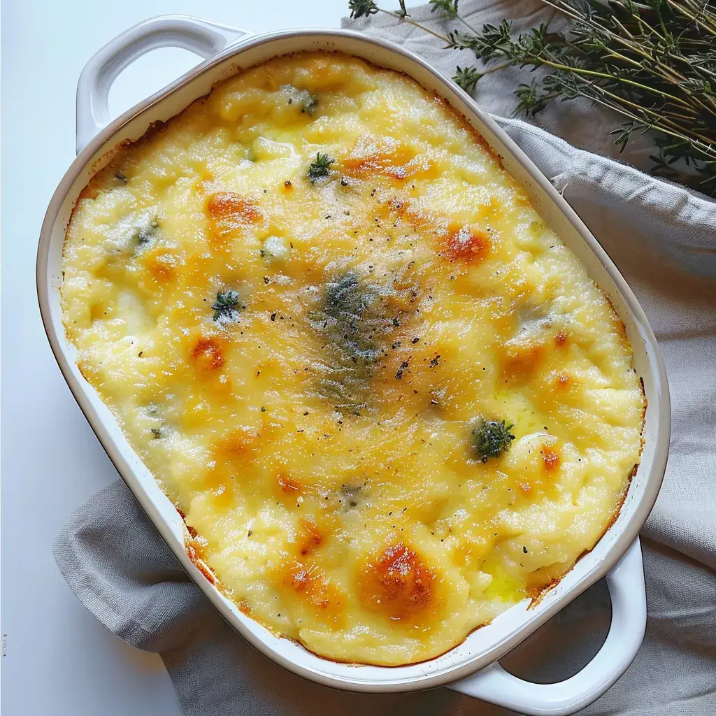 Plat de gratin doré sur le dessus, garni de fines herbes, présenté dans un plat blanc avec un fond neutre.