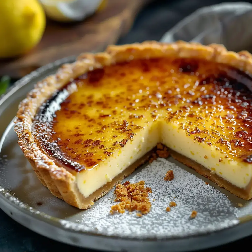 Une tarte crémeuse à la crème brûlée avec une croûte dorée, garnie de sucre caramélisé et saupoudrée de sucre glace.